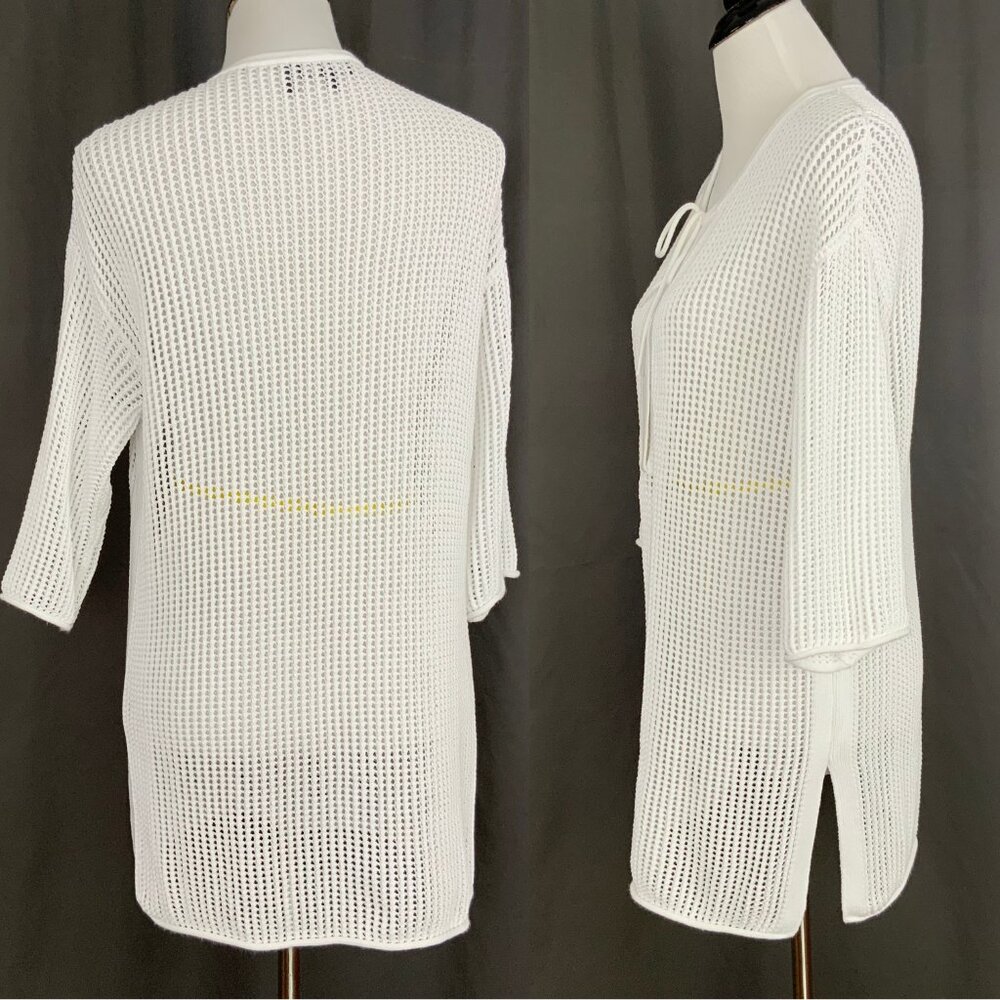 Theory White Open Knit Crochet Tunic Top Cover Up Cotton Blend Sz M - Picture 11 of 16